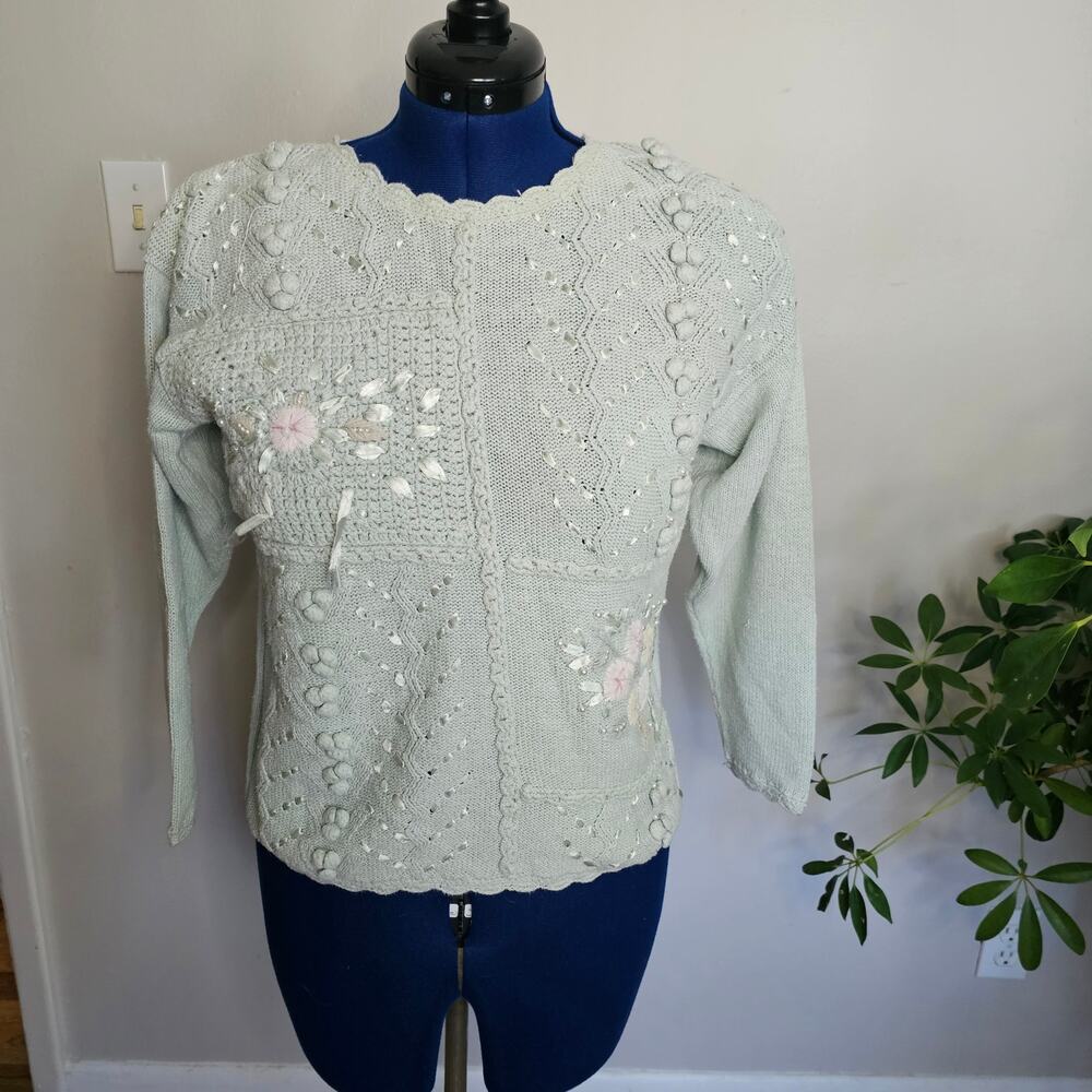 Vintage Colleen’s Collectables Sweater M Floral Embroidered Beaded Ramie Cotton
